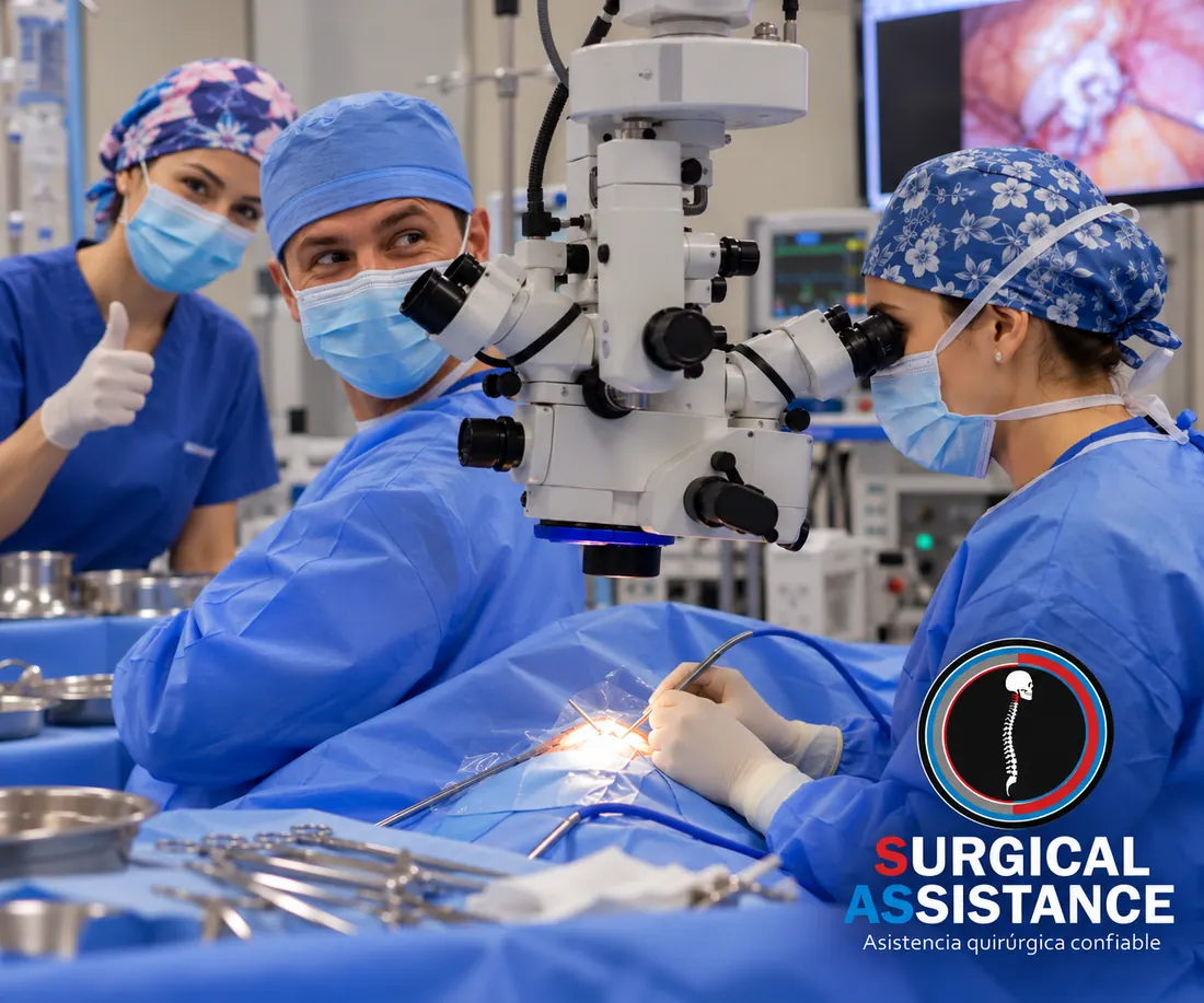 Equipo de Surgical Assistance asistiendo una cirugía con microscopio quirúrgico