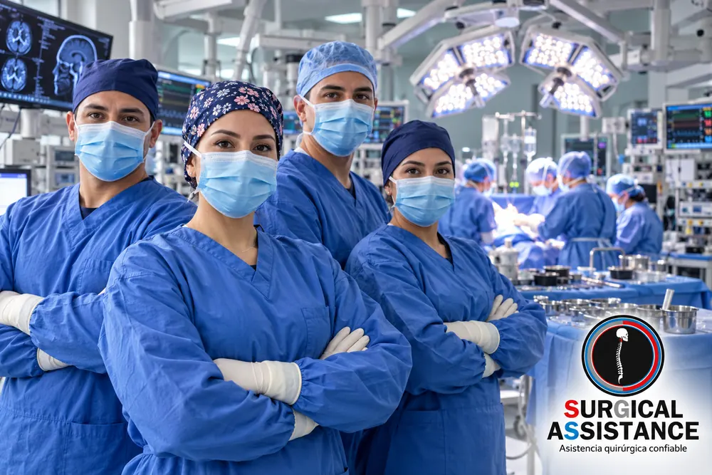 Equipo de Surgical Assistance con uniforme quirúrgico en quirófano