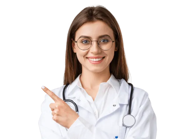 Especialista médica señalando